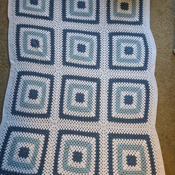 Handmade Blue White Crochet Granny Square Afghan Blanket 88x63 - Picture 2 of 9